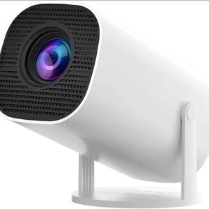 White Mini Projector with Black Lens Bezel and Colorful Lens